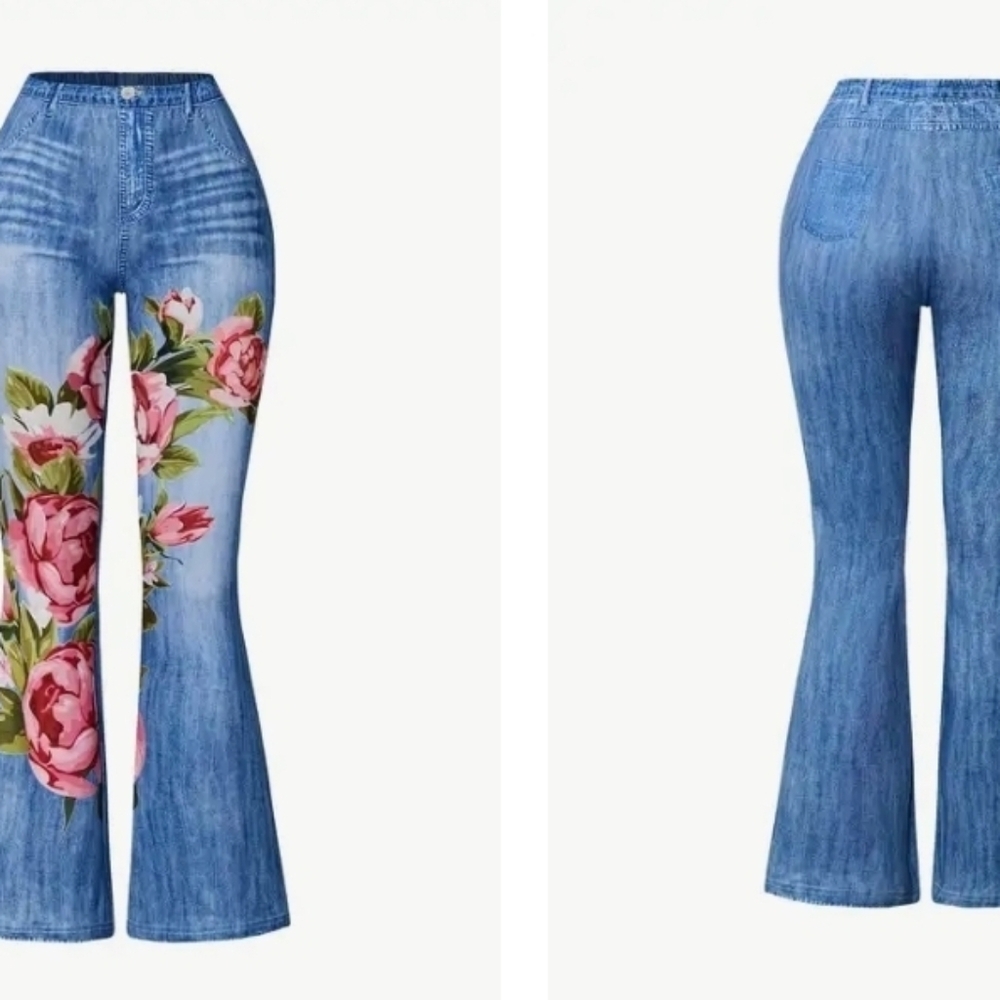 Blue Floral Print Flared Jeans Imitation Denim - Sz Medium - Picture 6 of 7
